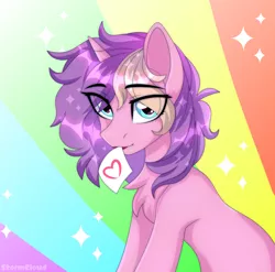 Size: 2500x2469 | Tagged: safe, artist:leah minik, derpibooru import, oc, oc:lilac clime, unofficial characters only, pony, unicorn, blue eyes, bust, cute, female, horn, image, looking at you, mare, png, rainbow background, sitting, solo, trade