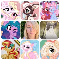 Size: 800x800 | Tagged: safe, artist:emberslament, derpibooru import, izzy moonbow, sunset shimmer, oc, oc:bay breeze, deer, human, pony, art vs artist, female, filly, foal, g5, image, jpeg, mare