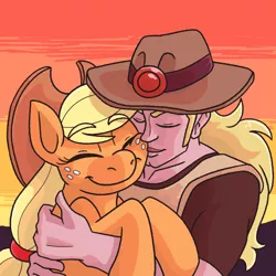 Size: 1500x1500 | Tagged: safe, artist:snail-speed, derpibooru import, applejack, earth pony, human, crossover, crossover shipping, hol horse, holjack, image, interspecies, jojo's bizarre adventure, kiss on the cheek, kissing, png, shipping