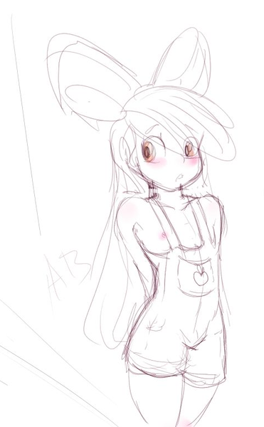 Size: 477x772 | Tagged: artist needed, questionable, banned from derpibooru, ponybooru import, apple bloom, human, blushing, breasts, clothes, delicious flat chest, female, hands behind back, humanized, image, lolicon, nipples, nudity, overalls, png, sketch, small breasts, solo, underage