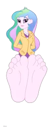 Size: 950x2300 | Tagged: safe, derpibooru import, official, princess celestia, equestria girls, rainbow rocks, arm behind back, barefoot, base, base used, brooch, clothes, cutie mark accessory, cutie mark brooch, feet, female, fetish, foot fetish, foot focus, image, jacket, jewelry, looking at you, pants, png, principal celestia, simple background, smiling, soles, solo, toes, transparent background, vector