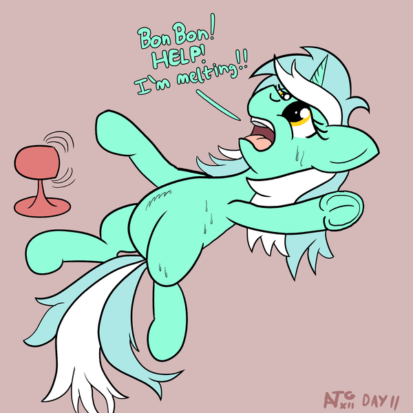 Size: 2000x2000 | Tagged: safe, artist:dafiltafish, derpibooru import, lyra heartstrings, pony, unicorn, atg 2022, fan, female, frog (hoof), hot, image, lying down, mare, newbie artist training grounds, on back, png, simple background, solo, sweat, text, underhoof