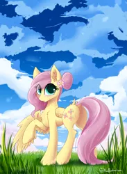 Size: 7087x9664 | Tagged: safe, artist:muffinkarton, derpibooru import, fluttershy, pegasus, pony, absurd file size, absurd resolution, butt, cute, eye clipping through hair, female, flower, flower in hair, flutterbutt, image, looking back, mare, one wing out, plot, png, raised hoof, rear view, shyabetes, signature, solo, wings
