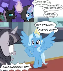Size: 2705x3076 | Tagged: safe, artist:badumsquish, artist:wardex101, derpibooru import, ocellus, trixie, twilight sparkle, alicorn, changeling, pony, unicorn, 2 panel comic, alicornified, alley, bag, big no, canterlot, canterlot castle, comic, crown, cutie mark, derpibooru exclusive, dialogue, discorded, discorded twilight, disguise, disguised changeling, duo, evil grin, fangs, grin, hood, hooded cape, image, jewelry, magic, money, money bag, palace, png, prank, pre changedling ocellus, race swap, regalia, screaming, show accurate, smiling, spread wings, telekinesis, trixiecorn, trollxie, twilight tragedy, waving, wings