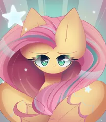 Size: 1900x2200 | Tagged: safe, artist:miryelis, derpibooru import, fluttershy, pegasus, pony, colored wings, cutie mark, female, image, long hair, looking at you, png, rainbow power, smiling, solo, stars, wings