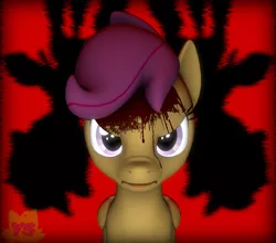 Size: 1225x1080 | Tagged: semi-grimdark, artist:yrbertthecat, derpibooru import, scootaloo, pegasus, pony, 3d, angry, blood, female, filly, foal, image, mare, orange skin, png, purple eyes, solo, song reference, source filmmaker, watermark