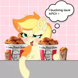Size: 1080x1080 | Tagged: suggestive, artist:sodapop sprays, derpibooru import, oc, oc:sodapop sprays, unofficial characters only, bird, chicken, pegasus, pony, ahegao, ahego meme, drool, female, food, gray, green, image, kfc, mare, open mouth, orange, peach, png, solo, thinking, thought bubble, tongue out, yellow
