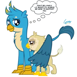 Size: 1280x1280 | Tagged: safe, artist:gregory-the-griffon, derpibooru import, gallus, oc, gryphon, chickub, fanfic art, griffon oc, hug, image, png, requested art, speech bubble, story in the source, winghug, wings