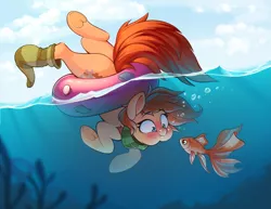 Size: 1747x1349 | Tagged: safe, artist:rexyseven, derpibooru import, oc, oc:rusty gears, unofficial characters only, earth pony, fish, goldfish, pony, aweeg*, breathhold, butt, clothes, cute, heterochromia, holding breath, image, inner tube, ocbetes, plot, png, scarf, sock, socks, solo, striped scarf, striped socks, underhoof, underwater, water, wide eyes