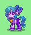 Size: 63x71 | Tagged: safe, artist:dematrix, derpibooru import, izzy moonbow, pony, unicorn, pony town, alternate design, bell, bow, clothes, cowbell, cute, female, floppy ears, g5, green background, hair bow, hairpin, image, lingerie, mare, pixel art, png, simple background, smiling, tail, tail bow