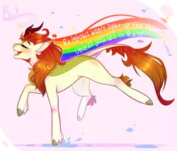 Size: 1870x1600 | Tagged: safe, artist:kat-the-true-kitkat, derpibooru import, autumn blaze, kirin, a kirin tale, eyes closed, image, png, rainbow, raised hoof, singing, smiling, solo