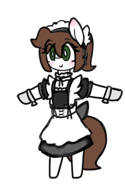 Size: 800x1200 | Tagged: safe, artist:seylan, derpibooru import, oc, oc:cherro, unofficial characters only, earth pony, pony, bipedal, blushing, clothes, cute, dress, ear blush, female, gloves, image, lipstick, maid, makeup, mare, png, simple background, solo, t pose, white background