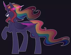 Size: 2317x1798 | Tagged: safe, artist:purplegrim40, derpibooru import, oc, unofficial characters only, alicorn, alicorn oc, black background, evil grin, grin, horn, image, multicolored hair, parent:king sombra, parent:rainbow dash, png, rainbow hair, raised hoof, simple background, smiling, solo, sombra eyes, wings