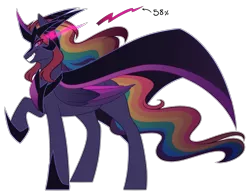 Size: 2359x1844 | Tagged: safe, alternate version, artist:purplegrim40, derpibooru import, oc, unofficial characters only, alicorn, pony, alicorn oc, cape, clothes, evil grin, grin, hoof shoes, horn, image, multicolored hair, parent:king sombra, parent:rainbow dash, peytral, png, rainbow hair, raised hoof, simple background, smiling, solo, sombra eyes, transparent background, wings