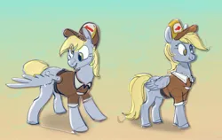 Size: 3083x1949 | Tagged: safe, artist:alumx, derpibooru import, derpy hooves, pegasus, pony, female, gradient background, hat, image, jpeg, mailmare, mailmare hat, mailmare uniform, mare, one wing out, smiling, solo, wings
