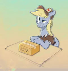 Size: 2127x2216 | Tagged: safe, artist:alumx, derpibooru import, derpy hooves, pegasus, pony, box, cardboard box, counter, female, gradient background, hat, image, jpeg, mailmare, mailmare hat, mailmare uniform, mare, package, sitting, smiling, solo