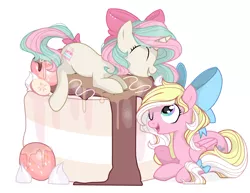 Size: 3723x2871 | Tagged: safe, artist:shore2020, derpibooru import, oc, oc:bay breeze, oc:mirabelle, unofficial characters only, pegasus, pony, unicorn, bow, cake, duo, female, food, grin, hair bow, high res, image, mare, open mouth, open smile, png, simple background, smiling, tail, tail bow, white background