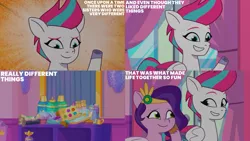 Size: 1280x720 | Tagged: safe, derpibooru import, edit, edited screencap, editor:quoterific, screencap, pipp petals, zipp storm, pegasus, pony, my little pony: tell your tale, spoiler:g5, spoiler:my little pony: tell your tale, spoiler:tyts01e15, duo, female, g5, grin, image, jpeg, making a foal of me, mare, siblings, sisters, smiling, text