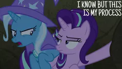 Size: 1280x720 | Tagged: safe, derpibooru import, edit, edited screencap, editor:quoterific, screencap, starlight glimmer, trixie, pony, unicorn, season 7, to change a changeling, cape, clothes, duo, female, hat, image, jpeg, mare, open mouth, text, trixie's cape, trixie's hat