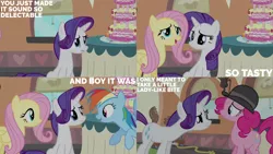 Size: 1280x720 | Tagged: safe, derpibooru import, edit, edited screencap, editor:quoterific, screencap, fluttershy, pinkie pie, rainbow dash, rarity, earth pony, pegasus, pony, unicorn, mmmystery on the friendship express, season 2, cake, female, flying, food, friendship express, image, locomotive, mare, open mouth, open smile, png, smiling, spread wings, steam locomotive, text, train, wings