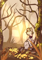 Size: 1390x1972 | Tagged: safe, artist:arielbei, derpibooru import, oc, oc:nishati, zebra, forest, image, jewelry, png, sitting, smiling, solo, spear, tree, weapon