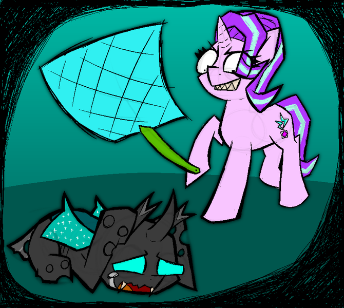 Size: 1778x1593 | Tagged: semi-grimdark, artist:xxv4mp_g4z3rxx, derpibooru import, starlight glimmer, thorax, changeling, pony, unicorn, abuse, cowering, crying, duo, fangs, female, fly swatter, gray coat, image, male, mare, pink coat, png, sharp teeth, stallion, standing, teeth, this will end in death, thorabuse