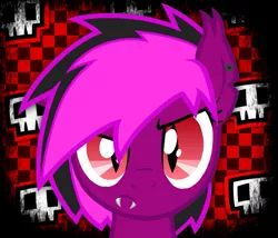 Size: 581x498 | Tagged: safe, artist:xxv4mp_g4z3rxx, derpibooru import, oc, oc:violet valium, unofficial characters only, bat pony, pony, base used, bat pony oc, bat wings, checkered background, ear piercing, fangs, female, image, mare, piercing, png, red eyes, skull, two toned mane, wings