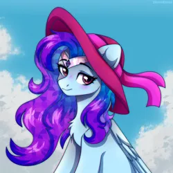 Size: 1080x1080 | Tagged: safe, artist:leah minik, derpibooru import, oc, oc:nebula dusk, unofficial characters only, pegasus, pony, blushing, bust, chest fluff, circlet, cloud, commission, cute, female, folded wings, gradient mane, hat, image, mare, png, sitting, sky, sky background, smiling, solo, wings, ych result