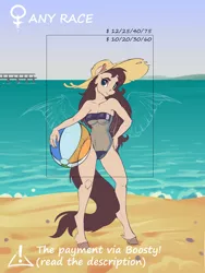 Size: 750x1000 | Tagged: suggestive, artist:gor1ck, derpibooru import, oc, unofficial characters only, anthro, unguligrade anthro, advertisement, beach, beach ball, clothes, commission, female, gris swimsuit, hat, image, jpeg, one-piece swimsuit, see-through, solo, solo female, sun hat, swimsuit, your character here