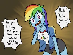 Size: 1439x1080 | Tagged: safe, artist:happy harvey, derpibooru import, rainbow dash, human, equestria girls, clothes, cutie mark, cutie mark on clothes, dialogue, drawn on phone, drawthread, female, image, implied applejack, jacket, meme, open mouth, png, ponified meme, shirt, solo, spandex, tomboy