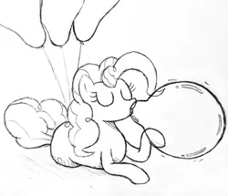 Size: 2763x2377 | Tagged: safe, artist:mizhisha, derpibooru import, pinkie pie, earth pony, pony, balloon, black and white, blowing up balloons, eyes closed, female, grayscale, image, mare, monochrome, pencil drawing, png, sketch, solo, traditional art