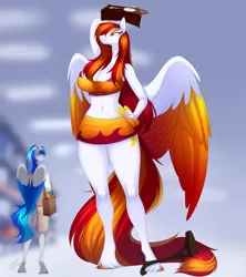 Size: 2149x2416 | Tagged: safe, artist:scarlet-spectrum, derpibooru import, oc, oc:diamond sun, oc:hawker hurricane, anthro, pegasus, pony, unguligrade anthro, bag, big breasts, breasts, cleavage, clothes, colored wings, commission, cutie mark, female, grandfather clock, hawkmond, image, long hair, long mane, long tail, male, png, shopping bag, size difference, stallion, tail, wings