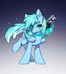 Size: 914x1024 | Tagged: safe, artist:swaybat, derpibooru import, oc, unofficial characters only, pegasus, pony, chest fluff, colored wings, ear fluff, eye clipping through hair, eyebrows, eyebrows visible through hair, gradient background, gun, image, jpeg, leg fluff, looking at you, magic, magic aura, pegasus oc, smiling, telekinesis, two toned wings, unshorn fetlocks, weapon, wings