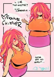 Size: 1400x2000 | Tagged: safe, artist:sozglitch, derpibooru import, sunset shimmer, human, alternate hairstyle, big breasts, breasts, busty sunset shimmer, clothes, dialogue, female, grin, hair over eyes, hair over one eye, heart, image, jpeg, smiling, speech bubble