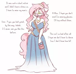 Size: 1745x1697 | Tagged: safe, artist:sugar morning, derpibooru import, oc, oc:sugar morning, unofficial characters only, anthro, pegasus, blushing, bucktooth, busty sugar morning, clothes, doodle, dress, female, floppy ears, glasses, image, jpeg, looking away, nerd, purse, simple background, sketch, solo, text, white background