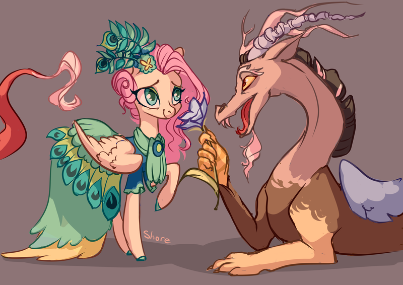 Size: 4093x2894 | Tagged: safe, artist:shore2020, derpibooru import, discord, fluttershy, draconequus, pegasus, pony, make new friends but keep discord, clothes, discoshy, dress, female, flower, gala dress, high res, image, male, mare, png, shipping, straight