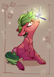 Size: 2894x4093 | Tagged: safe, artist:shore2020, derpibooru import, oc, unofficial characters only, dragonfly, earth pony, insect, pony, abstract background, brown background, female, freckles, glow, green mane, high res, image, insect on nose, jpeg, looking up, mare, open mouth, raised hoof, red coat, simple background, sitting, solo, yellow eyes