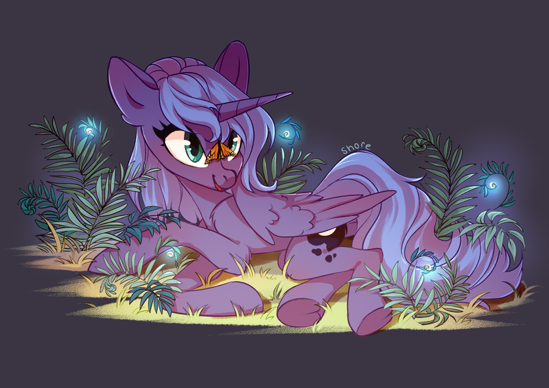 Size: 4093x2894 | Tagged: safe, artist:shore2020, derpibooru import, princess luna, alicorn, butterfly, insect, pony, admiral (butterfly), butterfly on nose, female, fern, high res, image, insect on nose, lying down, mare, plant, png, s1 luna, smiling, solo, underhoof