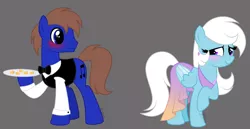Size: 3363x1733 | Tagged: safe, artist:feather_bloom, derpibooru import, oc, oc:blueskies, oc:featherbloom, earth pony, pegasus, pony, alternate universe, blushing, bowtie, clothes, dress, ear piercing, earring, food, forbidden love, heart, heart eyes, image, jewelry, piercing, platter, png, server, simple background, waiter, wingding eyes