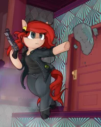 Size: 2618x3310 | Tagged: safe, artist:lockheart, derpibooru import, ponified, pony, control (video game), door, floating, gun, headphones, image, jesse faden, png, solo, walkman, weapon