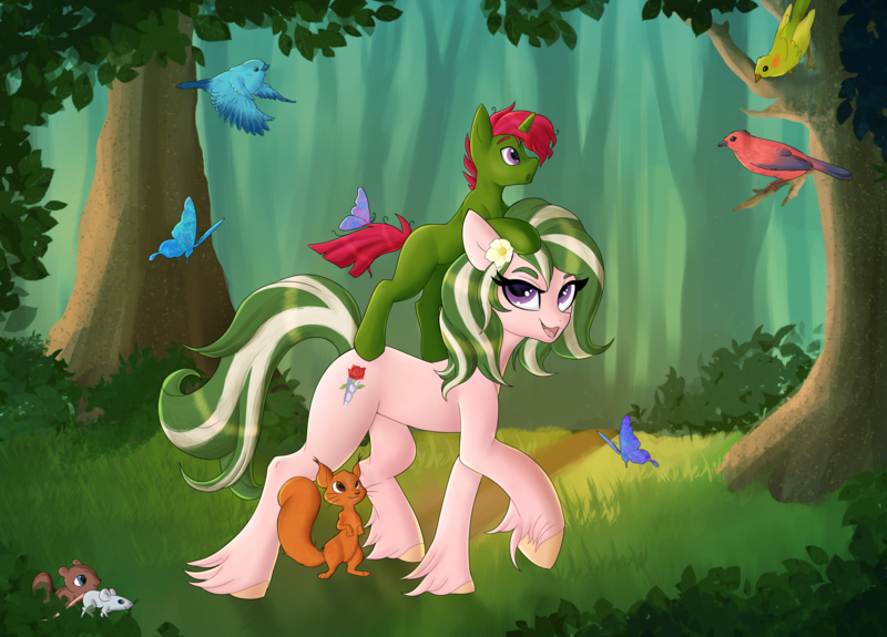 Size: 4612x3312 | Tagged: safe, artist:olala, derpibooru import, oc, oc:rose garden, oc:rose quartz, bird, butterfly, earth pony, insect, mouse, pony, squirrel, unicorn, amazed, brother and sister, bush, commission, commissioner:shoemakerpony, cute, dirt road, female, flower, forest, grass, green fur, green hair, image, male, nature, png, purple eyes, red hair, siblings, talking, teaching, tree, two toned hair, unshorn fetlocks, violet eyes, walking, young
