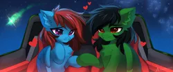 Size: 2580x1080 | Tagged: safe, artist:airiniblock, derpibooru import, oc, oc:kendall wilson, oc:lucid heart, unofficial characters only, pegasus, pony, bust, car, chest fluff, commission, ear fluff, female, heart, heart eyes, hooves, image, love, male, mare, partially open wings, pegasus oc, png, rcf community, signature, sitting, sky, stars, straight, underhoof, wingding eyes, wings