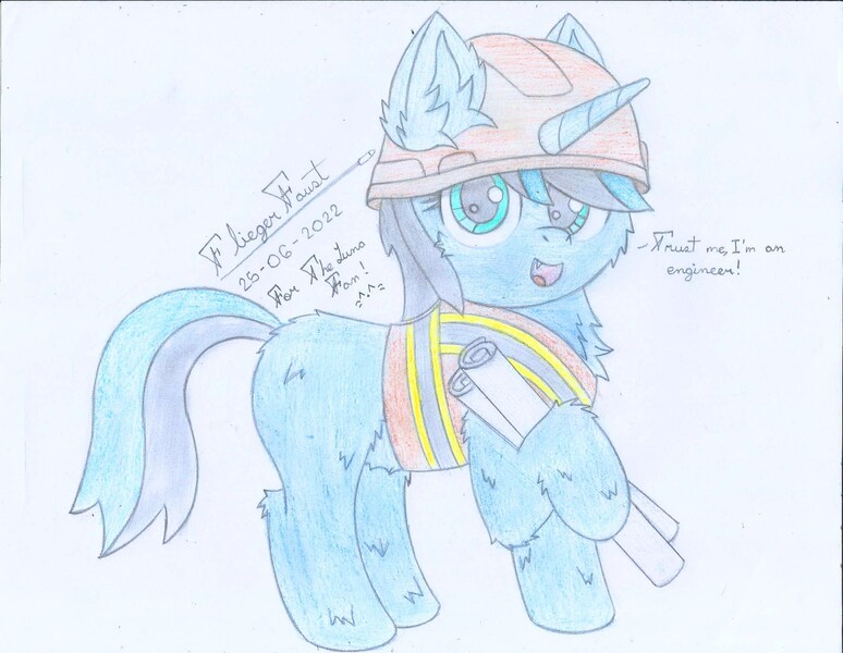 Size: 2194x1700 | Tagged: safe, artist:fliegerfausttop47, derpibooru import, oc, oc:the luna fan, unofficial characters only, unicorn, birthday gift, blueprint, clothes, derpibooru exclusive, hard hat, hat, horn, image, jpeg, looking at you, safety vest, simple background, smiling, traditional art, unicorn oc, white background