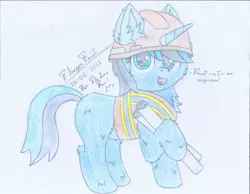 Size: 2194x1700 | Tagged: safe, artist:fliegerfausttop47, derpibooru import, oc, oc:the luna fan, unofficial characters only, unicorn, birthday gift, blueprint, clothes, derpibooru exclusive, hard hat, hat, horn, image, jpeg, looking at you, safety vest, simple background, smiling, traditional art, unicorn oc, white background