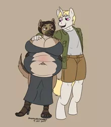 Size: 3267x3711 | Tagged: suggestive, artist:panzerschreckleopard, derpibooru import, oc, oc:carmen montoya, oc:valiant, unofficial characters only, anthro, digitigrade anthro, hyena, plantigrade anthro, unicorn, belly, big belly, big breasts, blonde mane, breasts, brown eyes, brown hair, clothes, dress, female, hand on shoulder, height difference, high heels, huge belly, huge breasts, image, jacket, male, nauseous, non-mlp oc, png, purple eyes, shoes, shorts, stuffed, stuffing, torn clothes, wardrobe malfunction