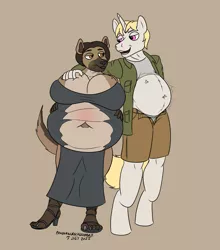 Size: 3267x3711 | Tagged: suggestive, alternate version, artist:panzerschreckleopard, derpibooru import, oc, oc:carmen montoya, oc:valiant, unofficial characters only, anthro, digitigrade anthro, hyena, plantigrade anthro, unicorn, belly, big belly, big breasts, blonde mane, breasts, brown eyes, brown hair, clothes, dress, female, hand on shoulder, height difference, high heels, huge belly, huge breasts, image, jacket, male, nauseous, non-mlp oc, png, purple eyes, shoes, shorts, stuffed, stuffing, torn clothes, unbuttoned, underwear