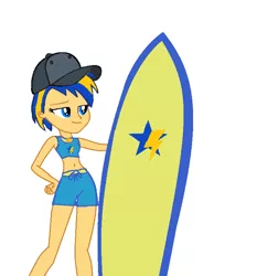 Size: 700x750 | Tagged: safe, artist:mlpfan3991, derpibooru import, oc, oc:flare spark, equestria girls, cap, clothes, cutie mark, female, hat, image, png, solo, surfboard, swimming trunks, swimsuit, tomboy