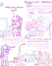 Size: 4779x6013 | Tagged: safe, artist:adorkabletwilightandfriends, derpibooru import, lily, lily valley, pinkie pie, spike, twilight sparkle, twilight sparkle (alicorn), alicorn, comic:adorkable twilight and friends, adorkable, bonk, bubble, chocolate, cleaning, comic, confused, cup, cute, defiant, door, dork, dusting, fireplace, food, holding, hot chocolate, hug, humor, image, png, raised tail, sad, scrubbing, slice of life, tail, unhappy, upset