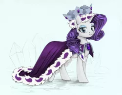 Size: 1500x1178 | Tagged: safe, artist:maytee, color edit, derpibooru import, edit, princess platinum, rarity, pony, unicorn, cape, clothes, colored, costume, crown, image, jewelry, png, regalia, solo, traditional art