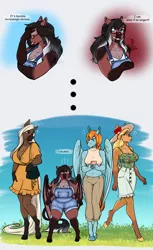 Size: 2155x3532 | Tagged: safe, artist:blackblood-queen, derpibooru import, oc, oc:cocoa nutt, oc:lady lovegreen, oc:olive branch, unofficial characters only, anthro, deer, deer pony, dracony, dragon, hybrid, original species, pegasus, pony, saddle arabian, unguligrade anthro, anthro oc, belly button, big breasts, blouse, breasts, busty oc, cleavage, clothes, cloven hooves, commission, dialogue, female, frustrated, glasses, height difference, huge breasts, image, leonine tail, mare, milf, mobile phone, mole, overalls, pegasus oc, phone, png, raffle prize, saddle arabian oc, shortstack, smol, spongebob squarepants, tail, wings